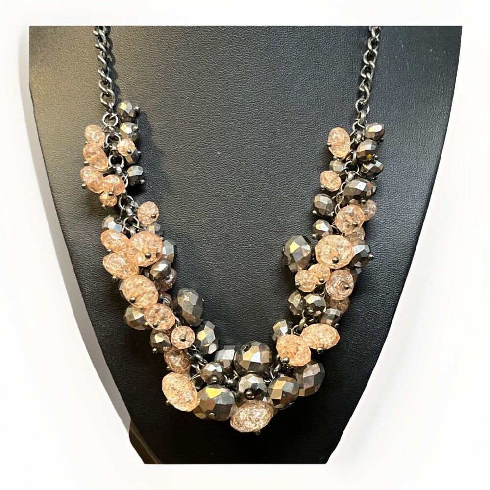 Simply Vera Gunmetal Tone Pink Crackle & Silver Faceted Cluster Beads Necklace